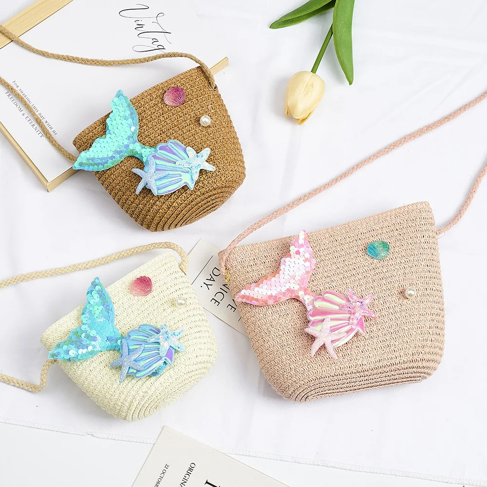 Cartoon Ocean Shoulder Bag for Children, Small Crossbody Bags, Princess Change Purse, Beach, Straw, Baby, Kids, Girls, Summer