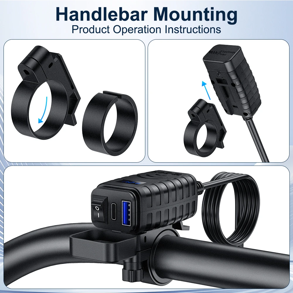 Cargador USB para motocicleta Anchtek 48W QC3.0 y PD Quick Charge 3,0 cargador de teléfono USB tipo C para motocicleta con voltímetro y interruptor de encendido/apagado