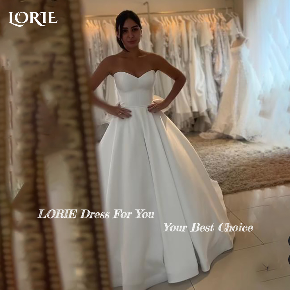 LORIE Elegante Satin Brautkleider Trägerlos A-Linie Strand Brautkleid Träger Rüschen V Korsett Einfaches maßgeschneidertes Brautkleid