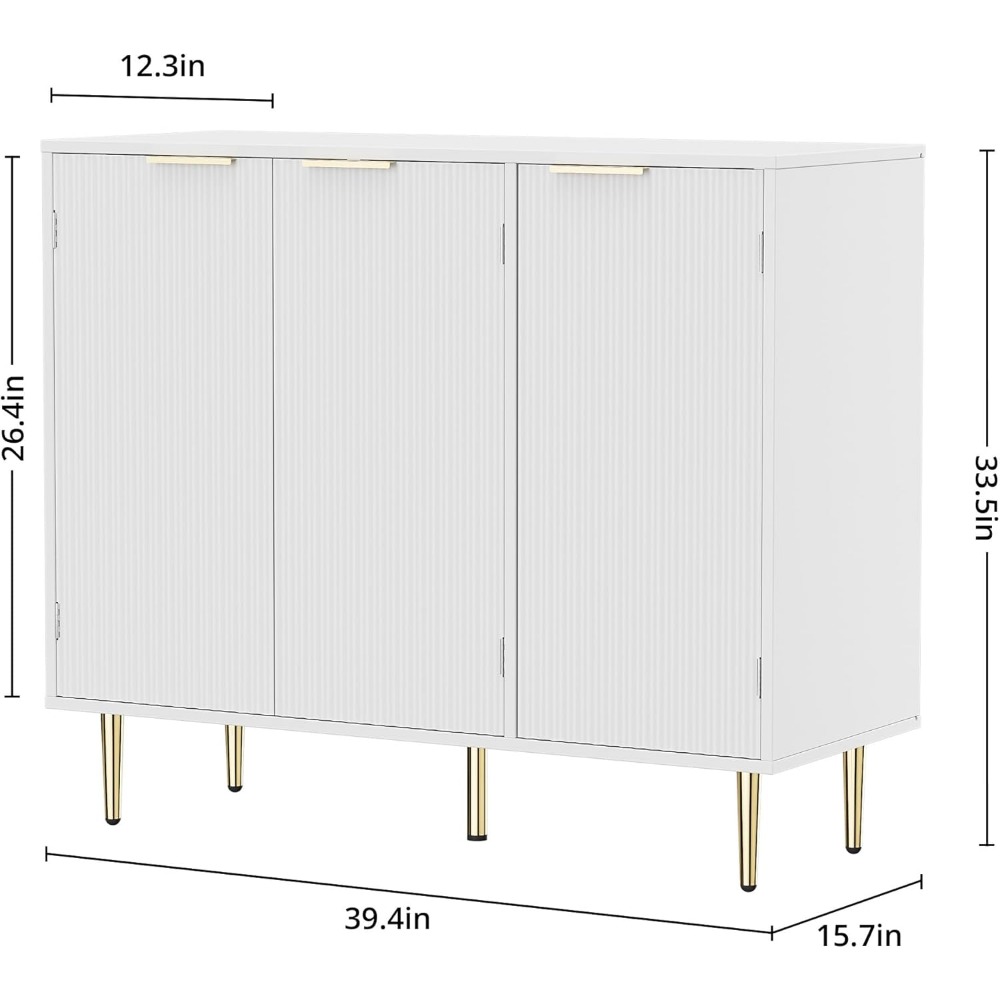 40" Buffet Sideboard Cabinet 3 Doors, Kitchen Storage Cabinet Golden Handles & Legs, Modern Accent Cabinet Adjustable Shelves