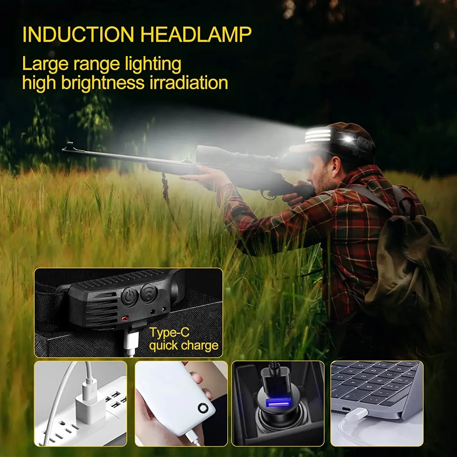 Linterna frontal COB + LED de inducción, linterna frontal recargable por USB con batería integrada, luces de trabajo portátiles para acampar, pescar y exteriores