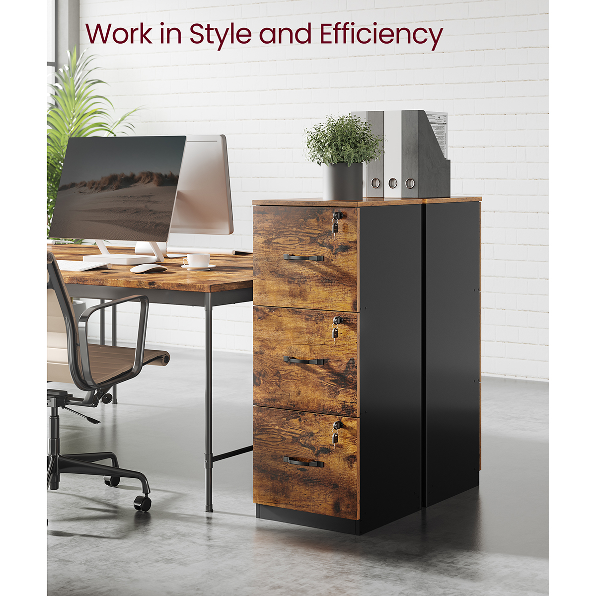 VASAGLE 3-Drawer Vertical File Cabinet, Filing Cabinet for Home Office, with 3 Lockable Drawers, Adjustable Hanging Rail