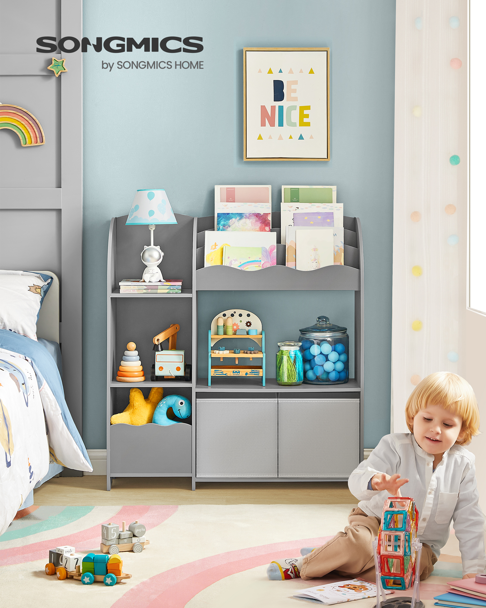 SONGMICS Étagère de Rangement pour Enfants, Bibliothèque, pour Livres et Jouets, Organisateur avec 2 Boîtes de Rangement, pour Salle de Jeux, Chambre d’Enfants, Salon