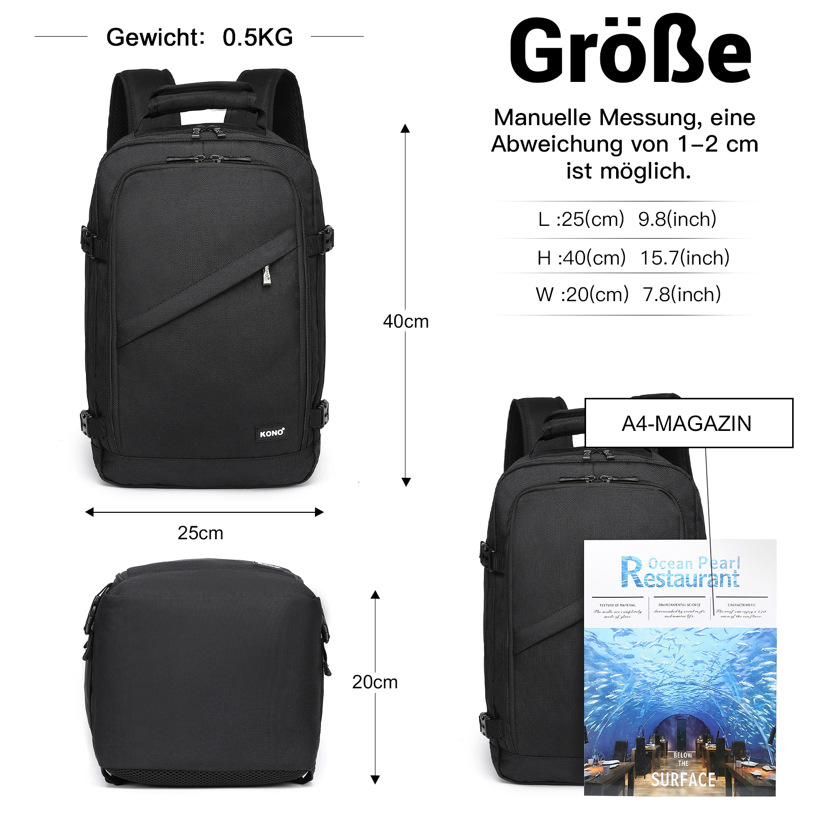 Kono Kabinentasche 40x20x25 cm für Ryanair Untersitz Handgepäck Rucksack, Kabinengröße 20L, Schwarz, Minimalistisch
