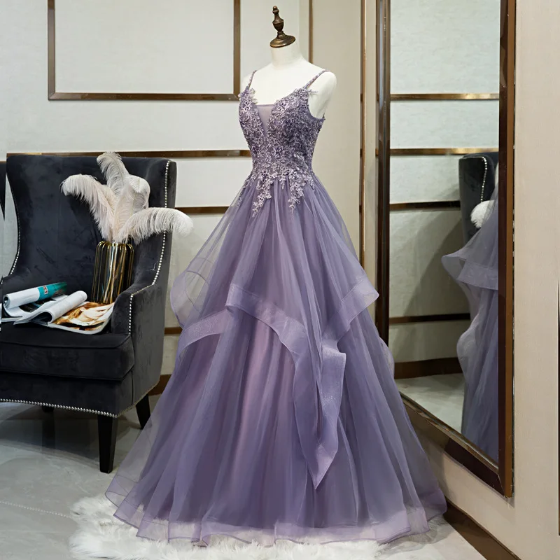 Vestido de noche para banquete, vestido morado con cuello halter, arte vocal Kaosen, vestido de gasa de color del Departamento, vestido de noche anfitrión