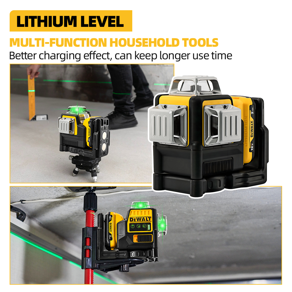 Dewalt DW089LG 3 côtés * 360 degrés Vertical 12V batterie au Lithium 12 lignes niveau Laser compteur de niveau de lumière verte horizontale extérieur