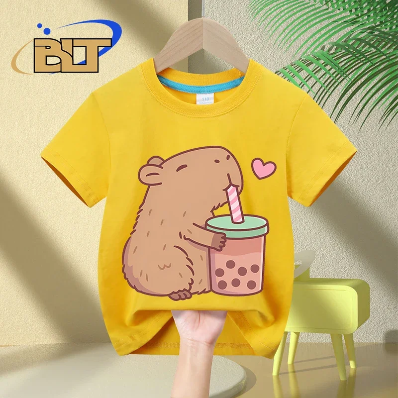 น่ารัก Capybara รัก Bubble Tea พิมพ์เสื้อยืดเด็กฤดูร้อนเด็กแขนสั้นเสื้อลําลองเด็กชายและเด็กหญิงของขวัญ