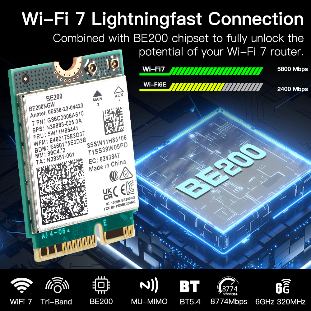WiFi 7 para tarjeta de red Intel BE200 Bluetooth 5,4 Tri Band 2,4/5/6GHz 8774Mbps BE200NGW M.2 adaptador inalámbrico mejor que Wifi 6E