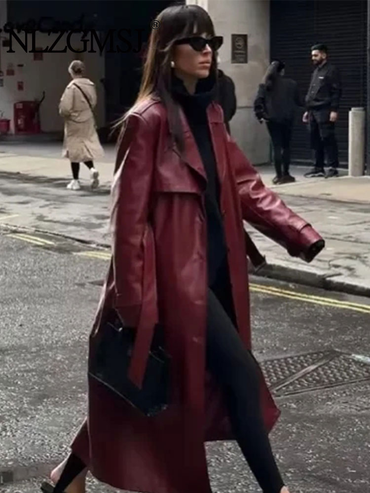 ONKOGENE 2024 Frauen Neue Mode Mit Gürtel Lange stil Einreiher Faux Leder Mantel Vintage Langarm Taschen Weibliche Oberbekleidung