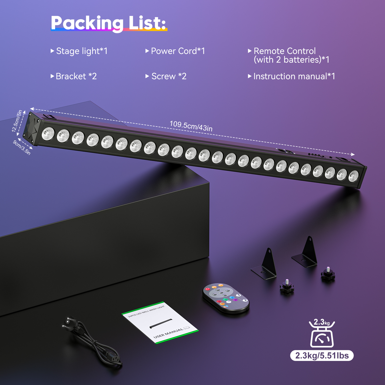 U'King 1/2Pcs 60W RGB 24LED Wall Wash Light Bar With Remote Controller DMX512 Stage Light Bar For DJ Wedding Party Church Music