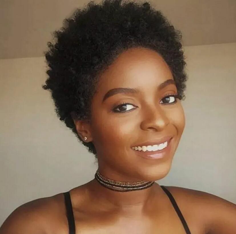 Peluca rizada Afro de corte corto, cabello humano, Color Natural, sin encaje