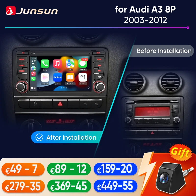 Junsun -REPRODUCTOR Multimedia con pantalla de 7 "y GPS para Audi, autorradio con Android, 4G, 8 núcleos, RDS, CarPlay inalámbrico, para Audi A3 8P S3 2003-2012
