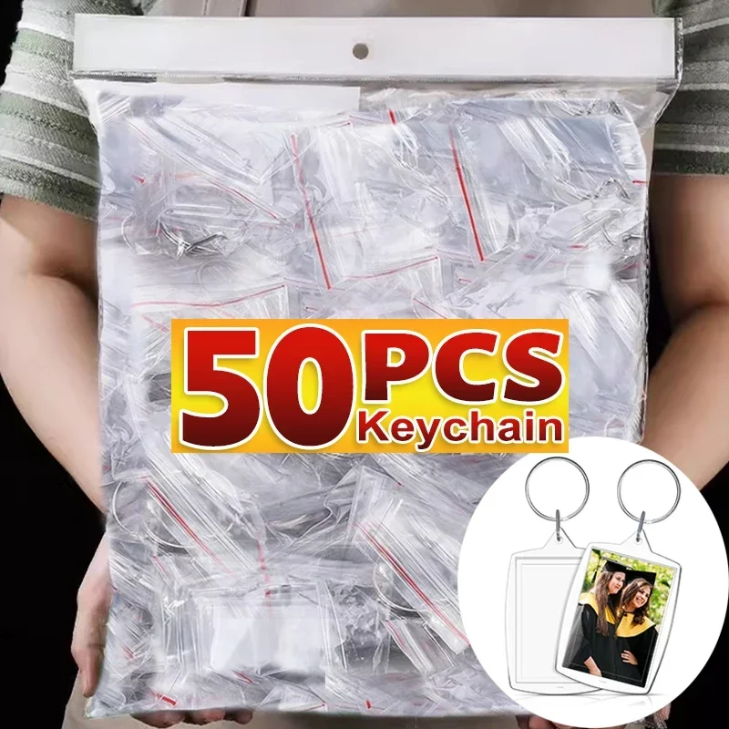 5/50pcs Transparent Rectangle Blank Clear Acrylic Insert Photo Picture Frame Keyring Keychain DIY Split Ring Key Chain Gifts