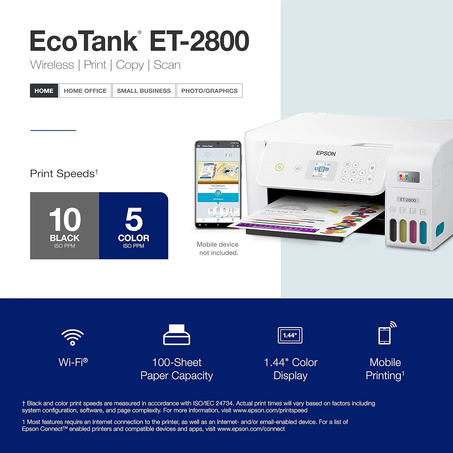 ET-2800 Wireless Color All-in-One Cartridge-Free Printer with Scan and Copy â€“ The Ideal Basic Home Printer - White, Medium