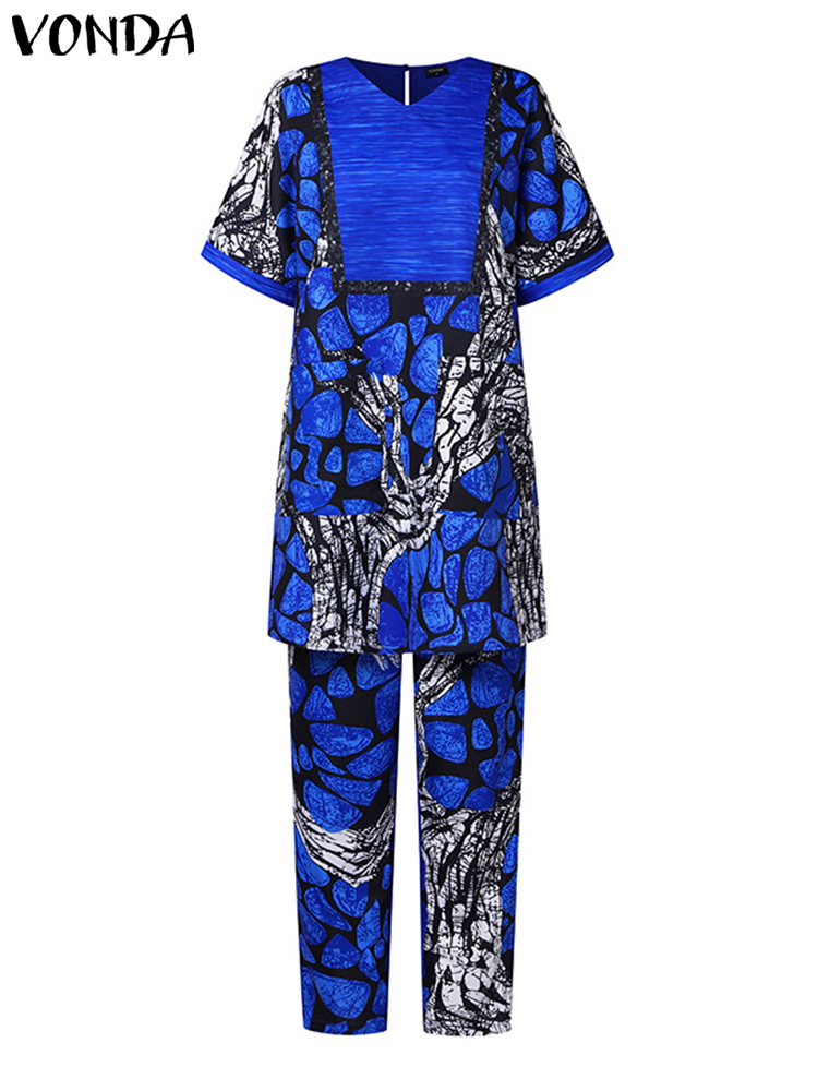 Plus Size 5xl Vonda Damen Hosen Sets 2024 elegante passende Sets Kurzarm Print Bluse Hosen Sets 2024 lässige Baggy Anzüge