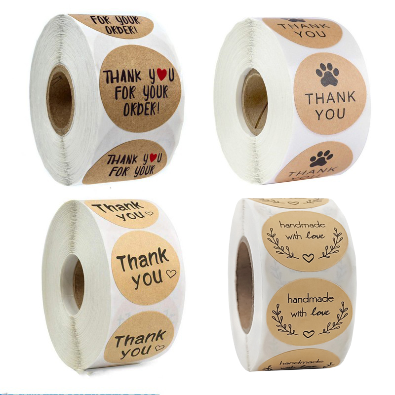 50-500pcs Round Natural Kraft Handmade Heart Thank You Stickers Scrapbooking For Gift Baking Package Adhesive Sticker Seal Label