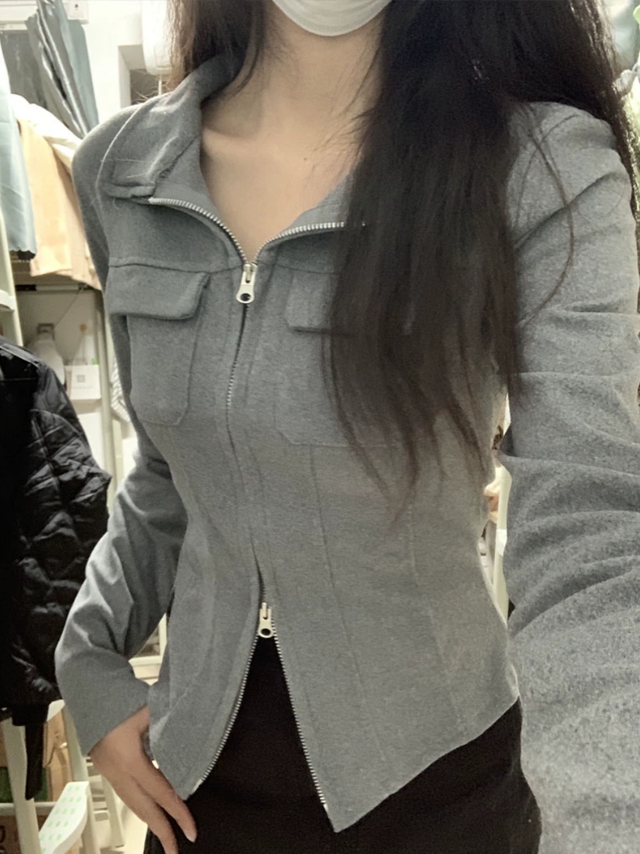 グレーダブルジッパー襟長袖 Tシャツ女性の春秋スリムフィットインナーウェアベースシャツポロネックジッパースタイル