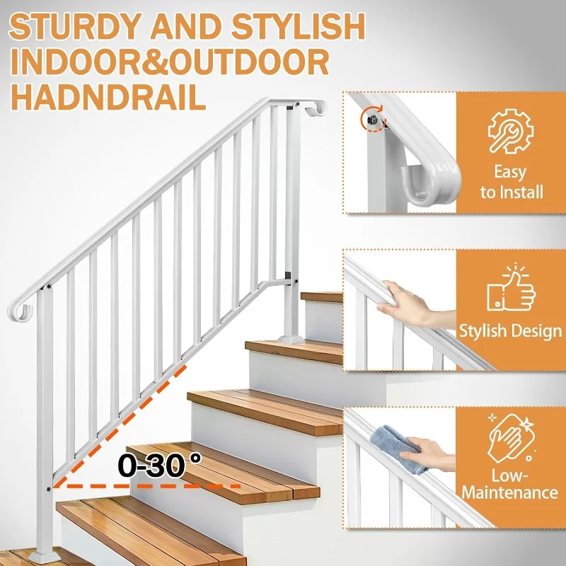 Outdoor step handrails, forged iron handrails suitable for 4 or 5 steps, transition handrails with installation kits (white)