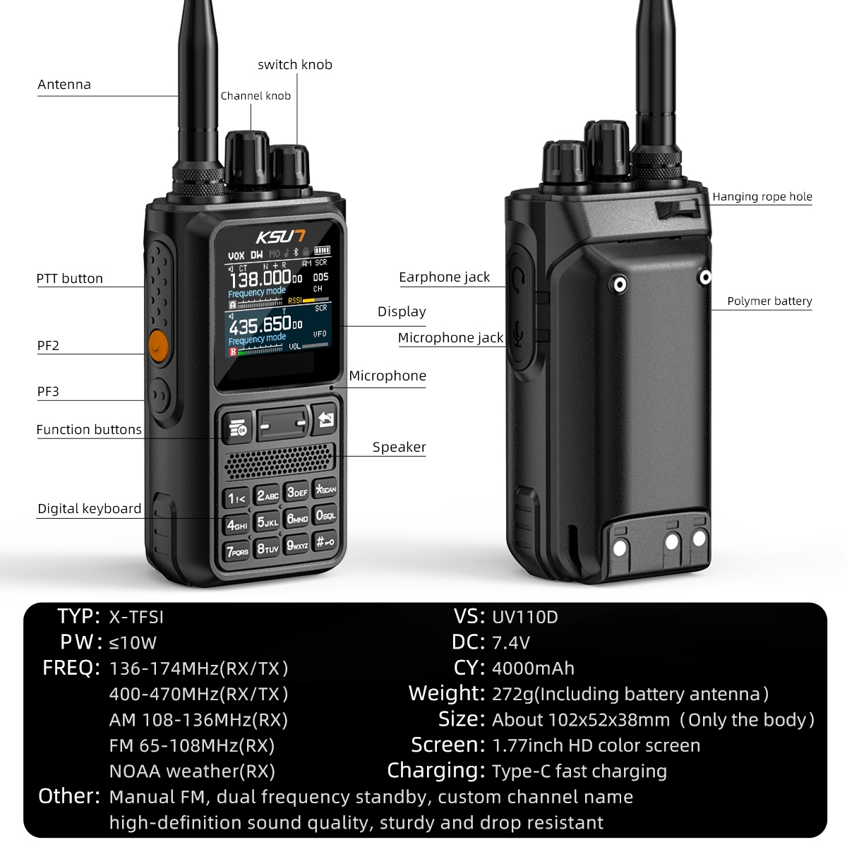 KSUT UV110D Walkie Talkie Long Range 10W Leistungsstarker professioneller Transceiver Amateurfunkstationen All Band Blue-tooth APP-Programm