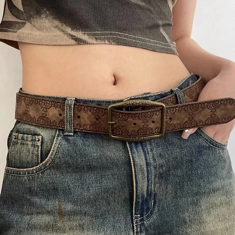Padrão de impressão retro y2k cintos para mulheres designer luxo marca pino fivela cintura jeans cinto feminino couro do plutônio hip hop cintura