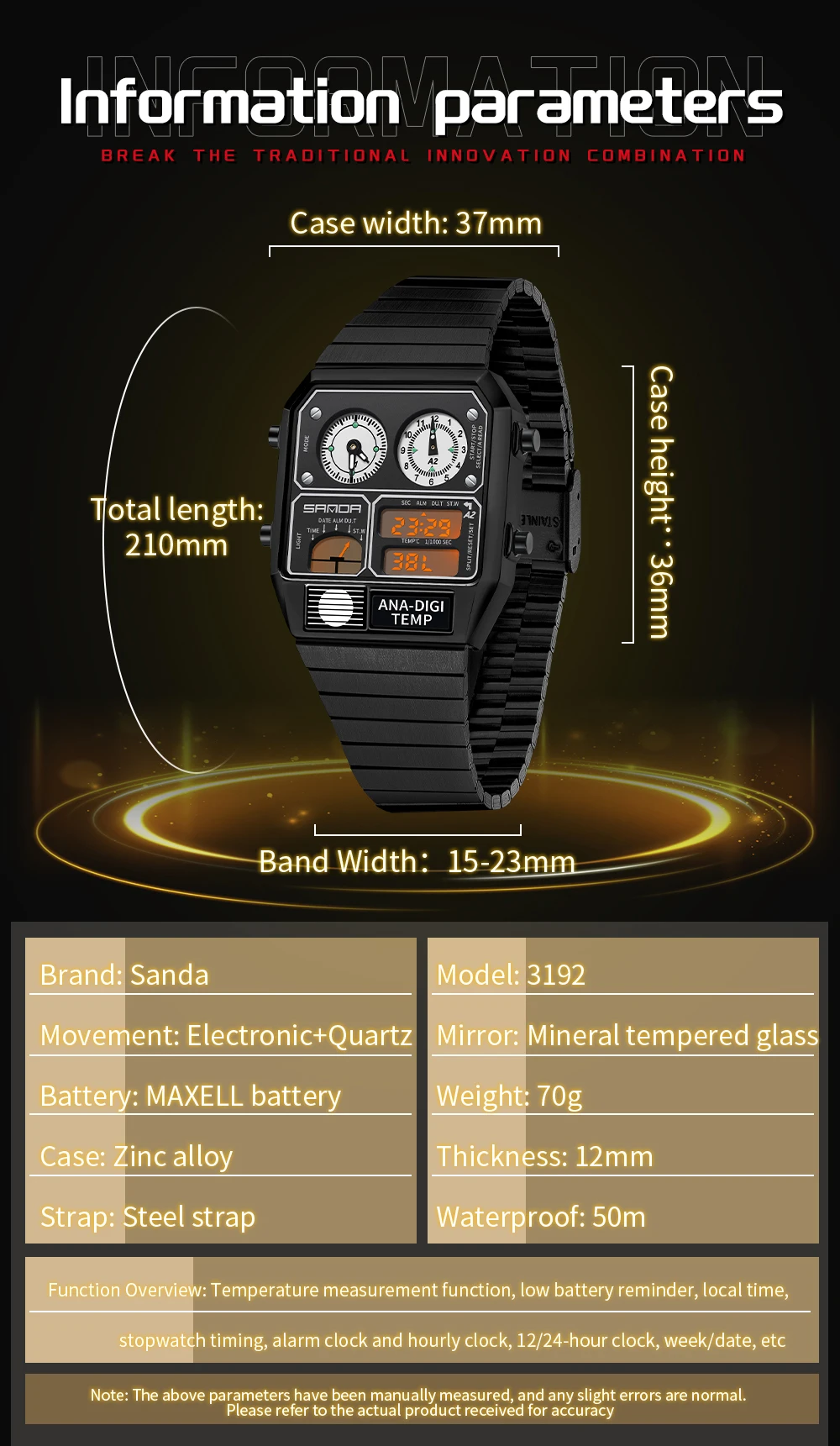 SANDA haut à la mode hommes loisirs montre électronique multifonctionnel thermomètre chronomètre synchronisation montre électronique pour hommes 3192
