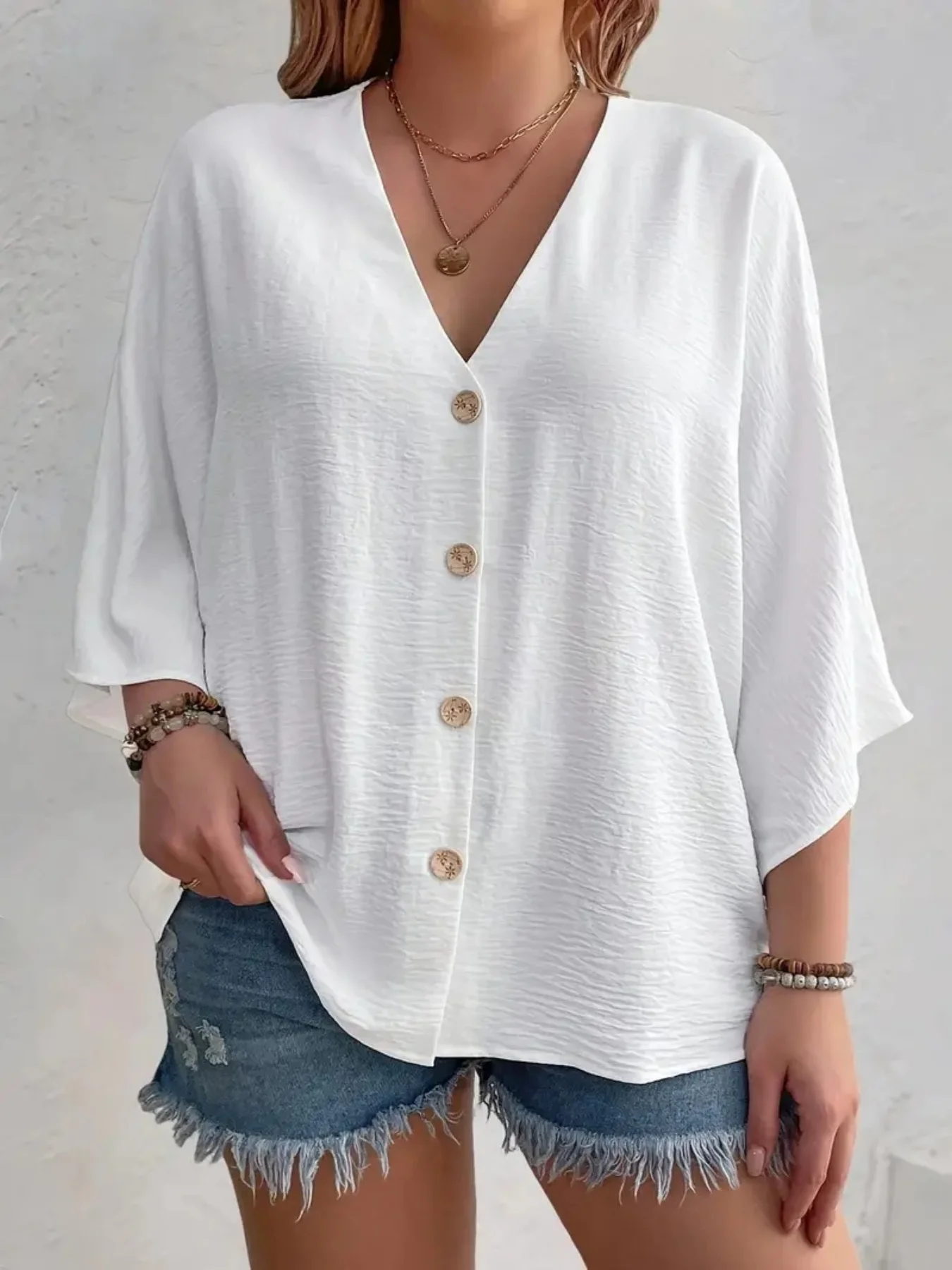 Damen-T-Shirt in Übergröße, einfarbig, atmungsaktiv, Frühling/Sommer, V-Ausschnitt, Knopfleiste, Reise-Freizeitkleidung im europäischen und amerikanischen Stil