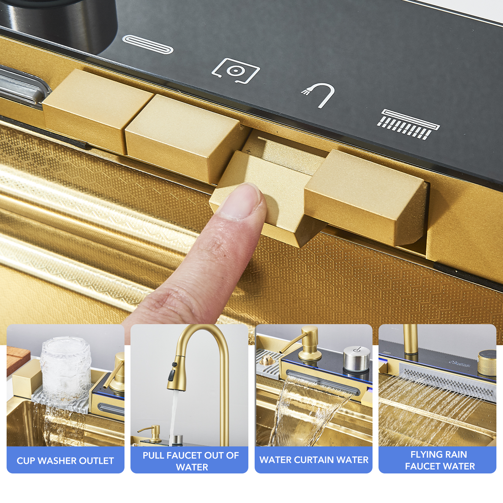 Golden Smart Digital Display Integrated Kitchen Sink Set Temperature Control Waterfall Water Purifier Soap Dispenser Cup Washer