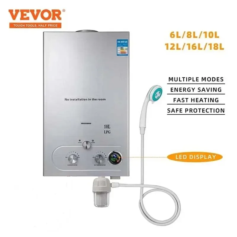 Vevor 6l-18l aquecedor de água sem tanque de gás propano, aquecimento instantâneo do banheiro, aquecedor de água ao ar livre caldeira carro acampamento