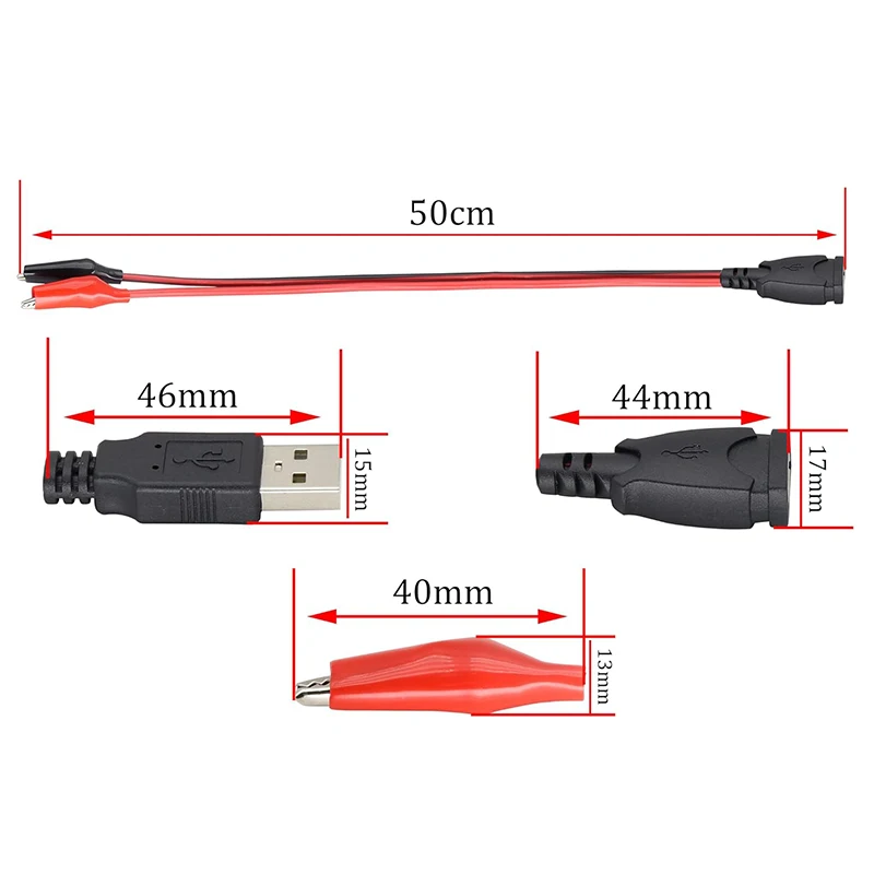 คลิปทดสอบจระเข้ CLAMP USB ชายและหญิงซ็อกเก็ตทดสอบ Connector แหล่งจ่ายไฟอะแดปเตอร์สายไฟ 50 ซม.สีแดงสีดํา
