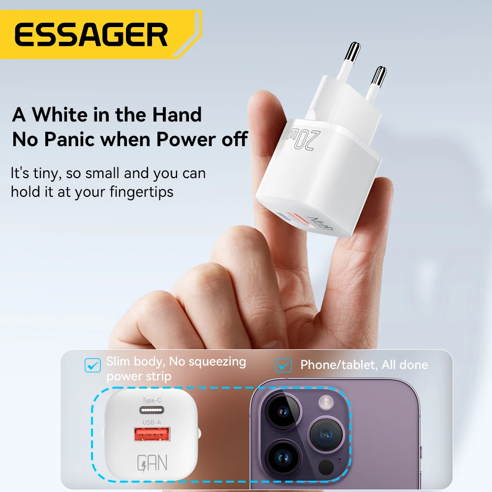 Essager 20 Вт GaN USB Type C Зарядное устройство PD Быстрая зарядка Телефон QC 3.0 Быстрое зарядное устройство для iPhone 14 13 12 11 Pro Max Mini iPad Зарядка