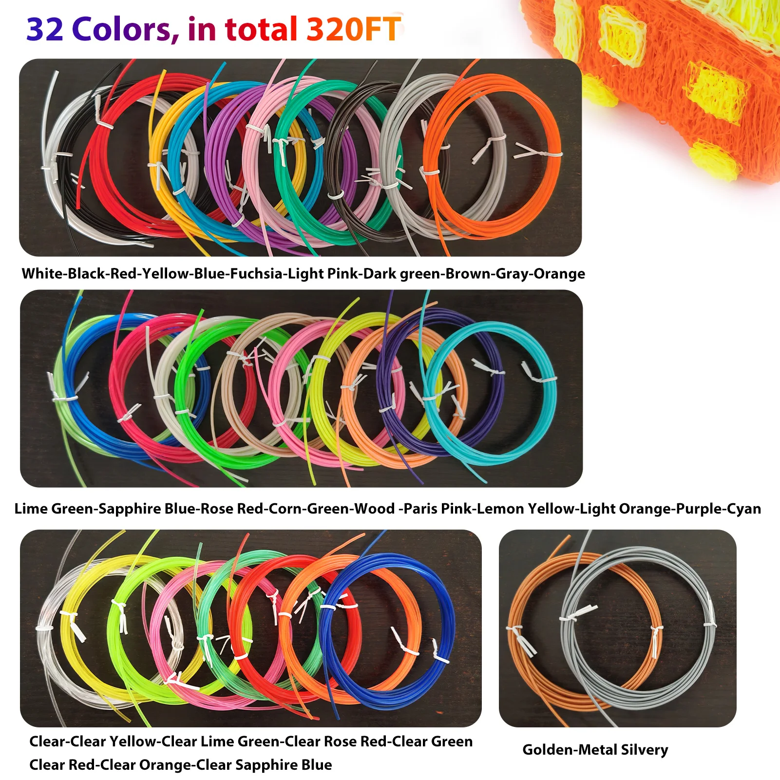 32 kolory Filament do pióra 3D 1,75 mm PLA, każdy kolor 10 stóp (3 m), łącznie 320 stóp (96 m) Wkłady do pióra 3D, losowy kolor