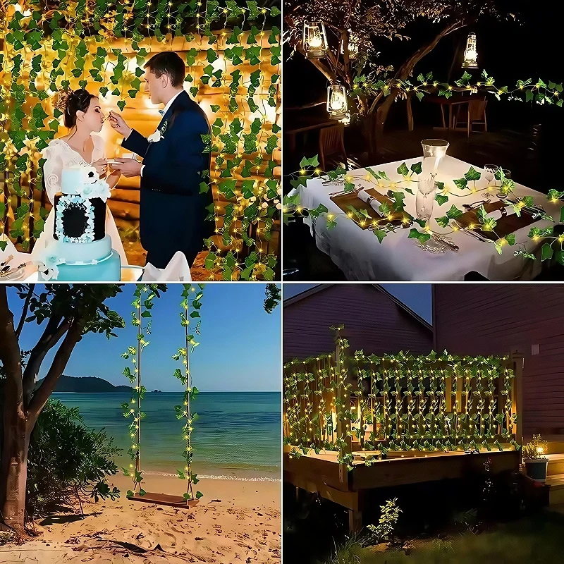 12mSolar Ivy String Lights LED Outdoor Artificial Vine Christmas Garland Fairy String Plant Lamp Maple Leaf Green Rattan String
