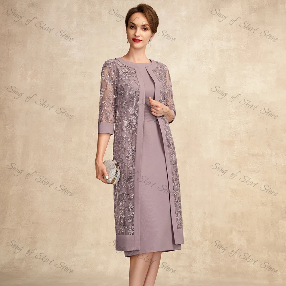 O-Ausschnitt A-Linie Mutter der Braut Kleider mit Spitze Jacke Falte Perlen Tee-Länge formale Hochzeit Gast Kleid فساتين السه