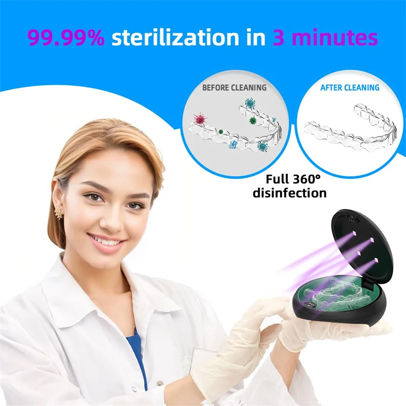 Neueste UV-Halterung, Reinigungshülle mit Lüfter, kompatibel mit Invisalign Case, Mundschutzhülle, Prothesenhülle, Nachtschutzhülle