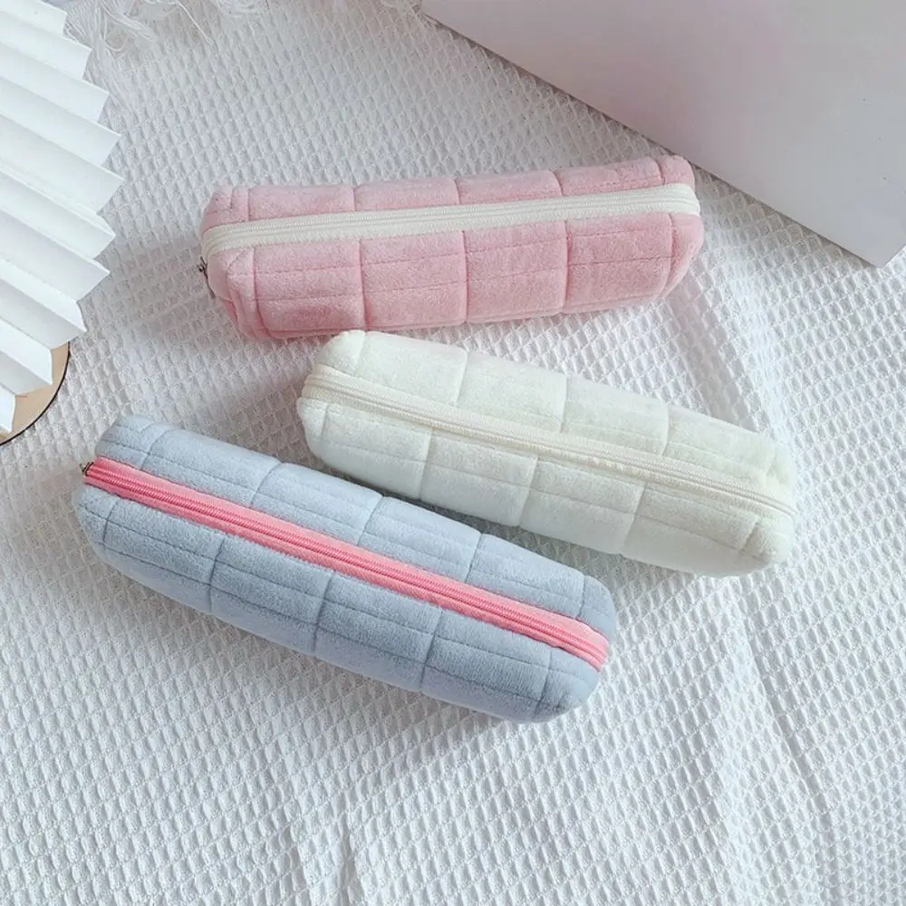 Plush Lattice Pencil Bag Portable Simple Pencil Case with Zipper Large Capacity Stationery Storage Box School Supplies