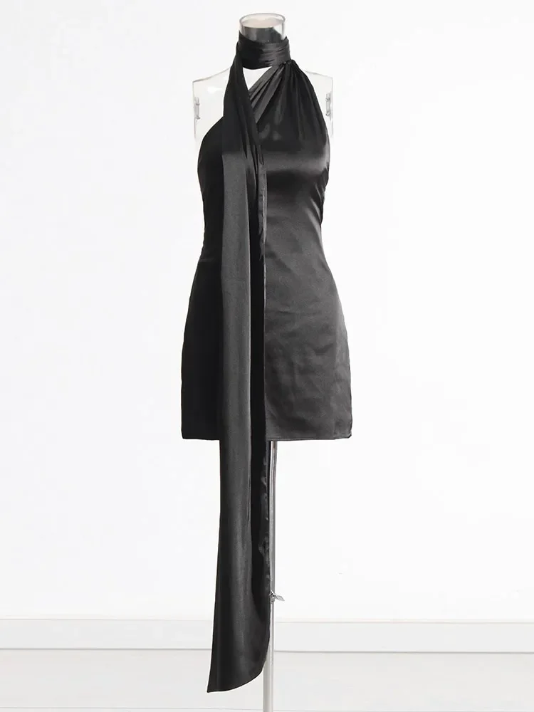 Patchwork Formal Dresses for Women Halter Collar Off Shoulder Sleeveless High Waist Backless Satin Mini Dress Female Style