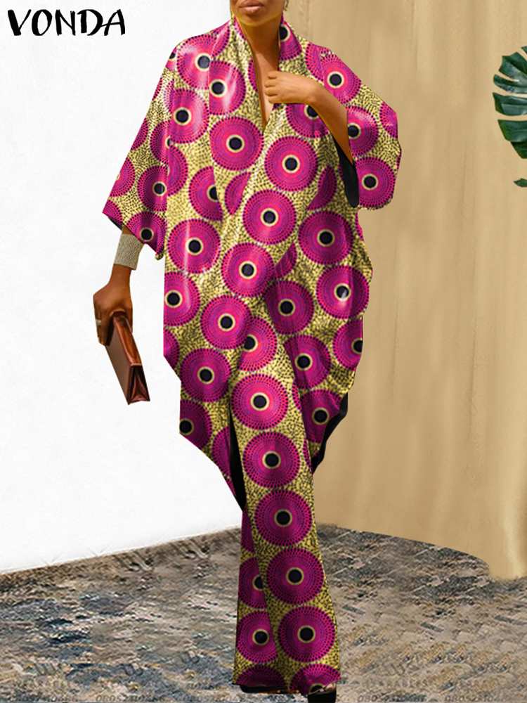 Vonda-女性用ワイドレッグパンツセット,ラージサイズ,ヴィンテージ3/4スリーブ,伸縮性ウエスト,トップスとパンツ,カジュアルなプリーツスーツ,パンツセット,エレガント,2024