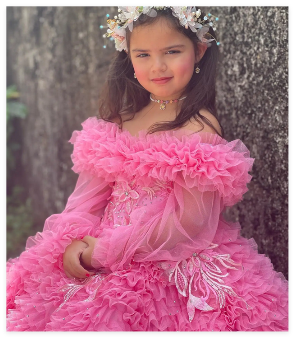 Luxuriöses rosa Blumenmädchenkleid für Hochzeit, Party, Applikation, extra bauschig, Prinzessin, heiliges Erstkommunionkleid mit langen Ärmeln