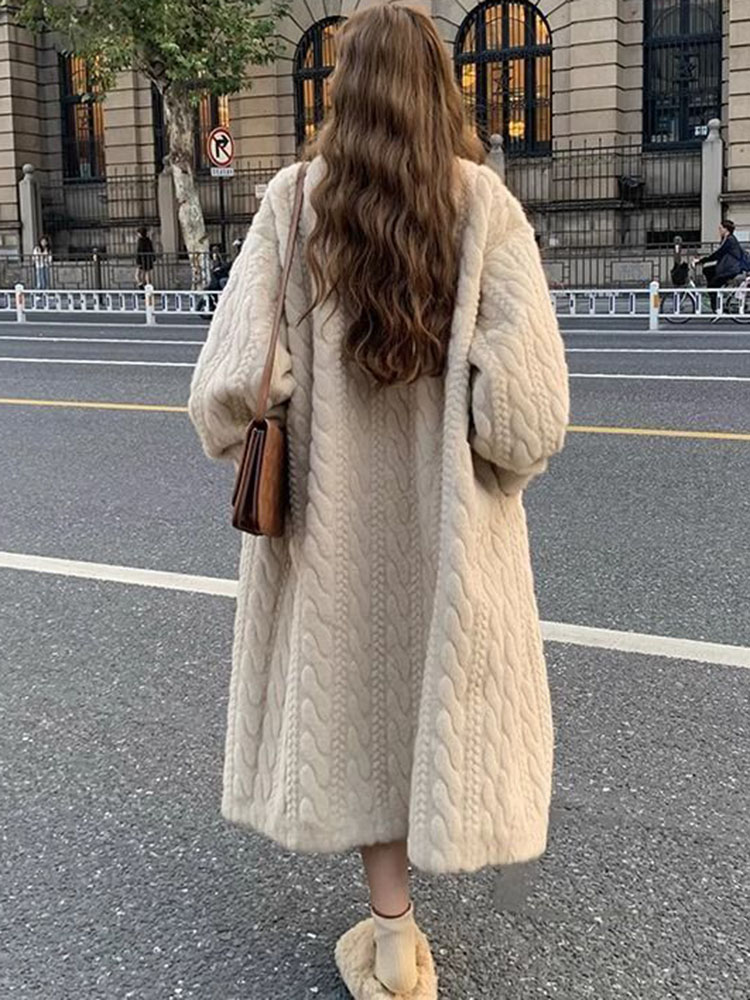 เกาหลีElegant Faux Mink Furเสื้อโค้ทยาวฤดูหนาวWarm Thickenผ้าฝ้ายเบาะเรียงรายแจ็คเก็ตผู้หญิงเดี่ยวหลวมAbrigos Tops