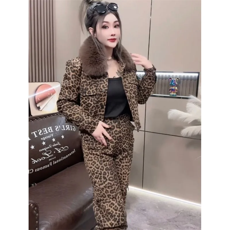 Setelan pakaian wanita kerah bulu longgar, set jaket celana panjang, pakaian wanita kerah bulu longgar, setelan dua potong, motif macan tutul, mantel musim gugur, musim dingin, baru, 2025