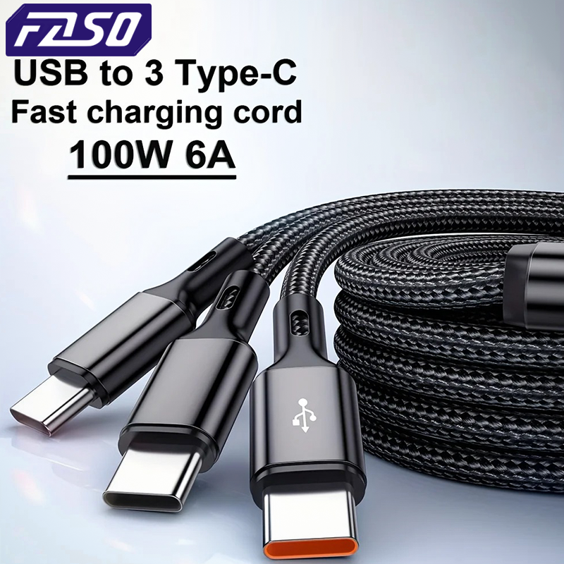FASO 3 In 1 USB-A to 3 ×Type-C 100W 6A Fast Charging Data Cable For Samsung Galacy S24 Xiaomi Redmi Huawei USB C Data Transfer