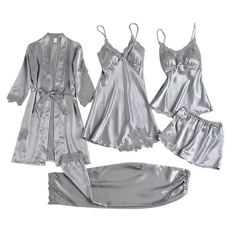 TXii Leepwear-Conjunto de pijamas de satén para mujer, Pyjamamas de encaje de retales Bril, ropa de dormir de boda, ropa de dormir de rayón para el hogar, camisón y bata, 5 uds.