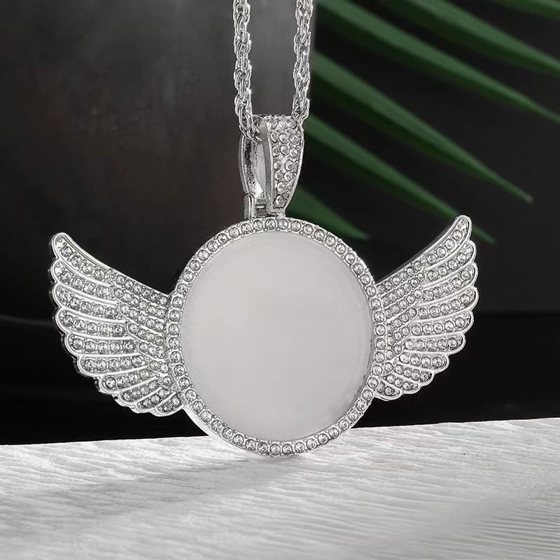 Moda memoria alas de Ángel espejo hielo cristal Zirconia foto collar conmemorativo pareja joyería de Hip Hop regalo de cumpleaños