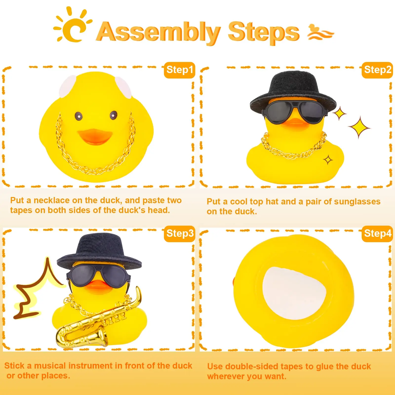 รถเป็ดยางเครื่องประดับเป็ดสีเหลืองแดชบอร์ดรถตกแต่งเครื่องดนตรี MINI TOP หมวกกีตาร์แว่นตากันแดดสร้อยคอ