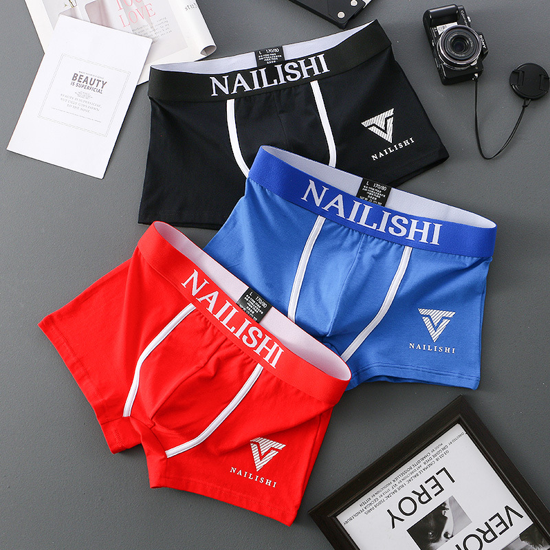 2-teilige Herrenunterwäsche aus Baumwolle, atmungsaktiv, Jugend-Boxershorts, Buchstaben-Trend, mittlere Taille, viereckige Shorts, flache Ecke, Perso