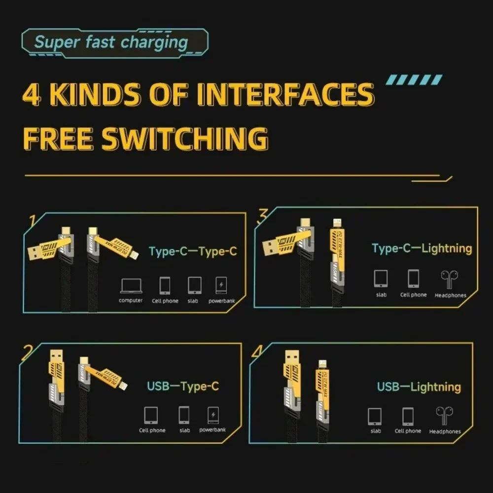 65W Multifunctional USB Data Cable 4 in 1 Type C Fast Charging Cord For iPhone 15 14 Pro Max Xiaomi 14 Samsung Type C Data wire