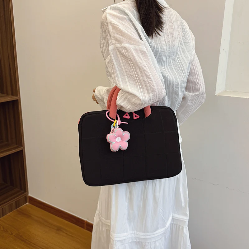 Borsa per laptop da donna imbottita in cotone alla moda da 14 pollici, borsa per tablet, design in colori a contrasto, valigetta semplice e carina