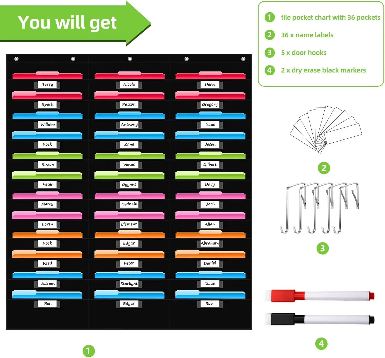 36 Pockets File Storage Pocket Chart with Nametag Pockets, Hanging Wall File Organizer for Classroom and Office