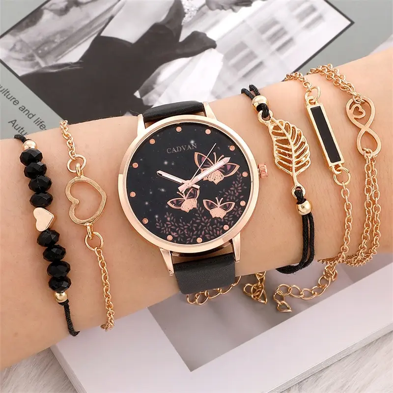 Conjunto de 6 piezas para mujer, relojes de mariposa a la moda, reloj de pulsera analógico informal Simple, regalo de pulsera sin caja