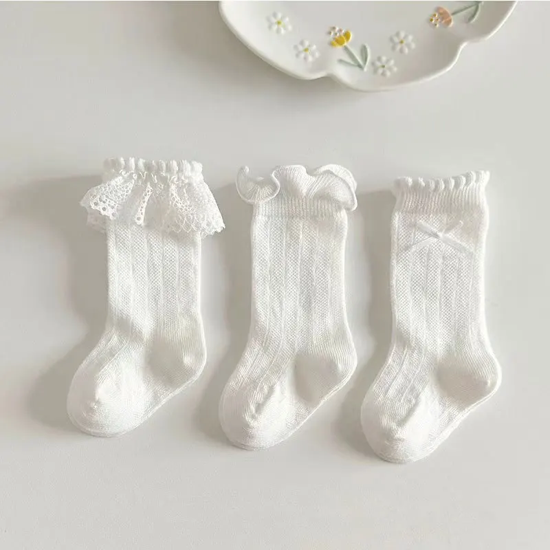3Pair Lace Ruffle Princess Socks Kids Girl Summer Mesh Mosquito Proof Long Sock White Color Baby High Tube Stockings Footwear 양말